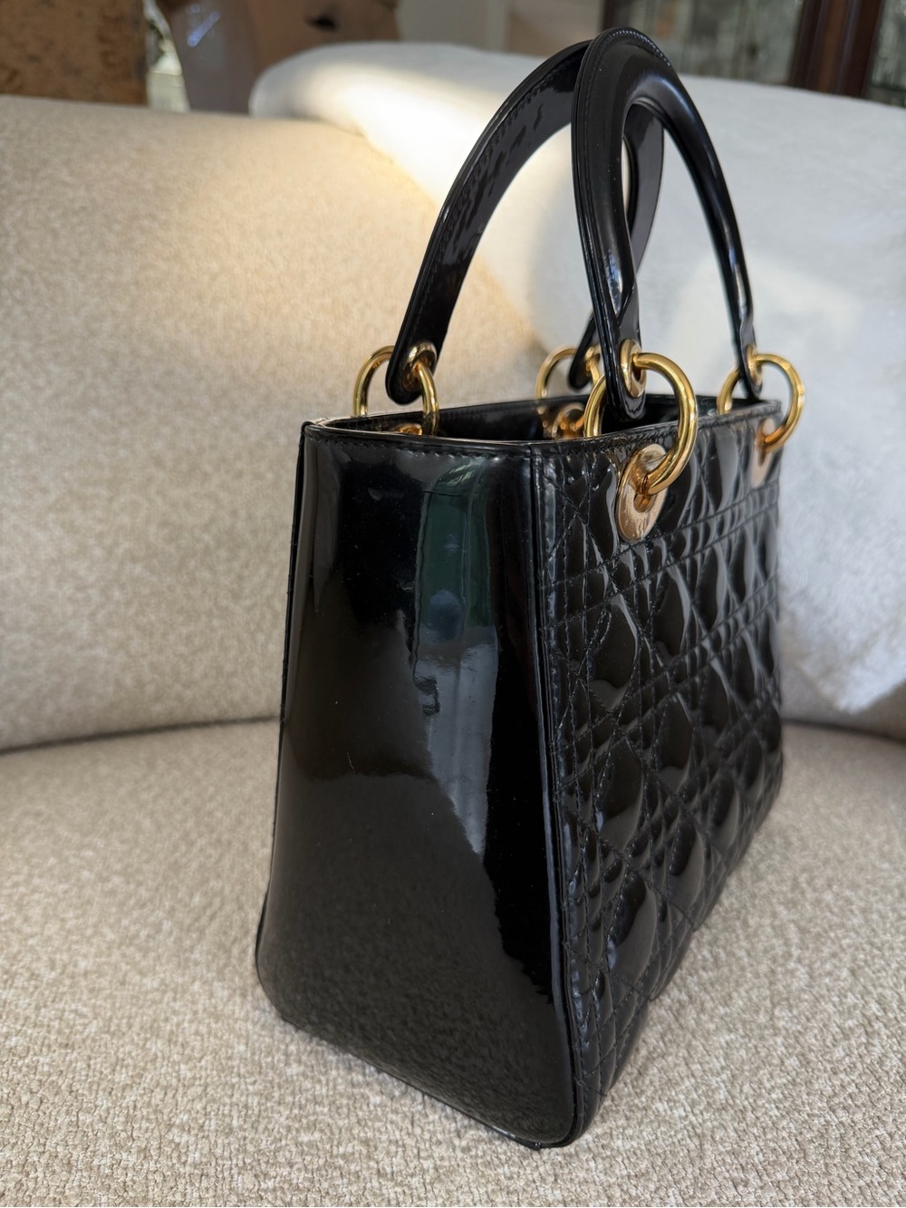 Dior Lady Dior Medium Black Patent Cannage Gold Hardware with Strap - Picture 6 of 13